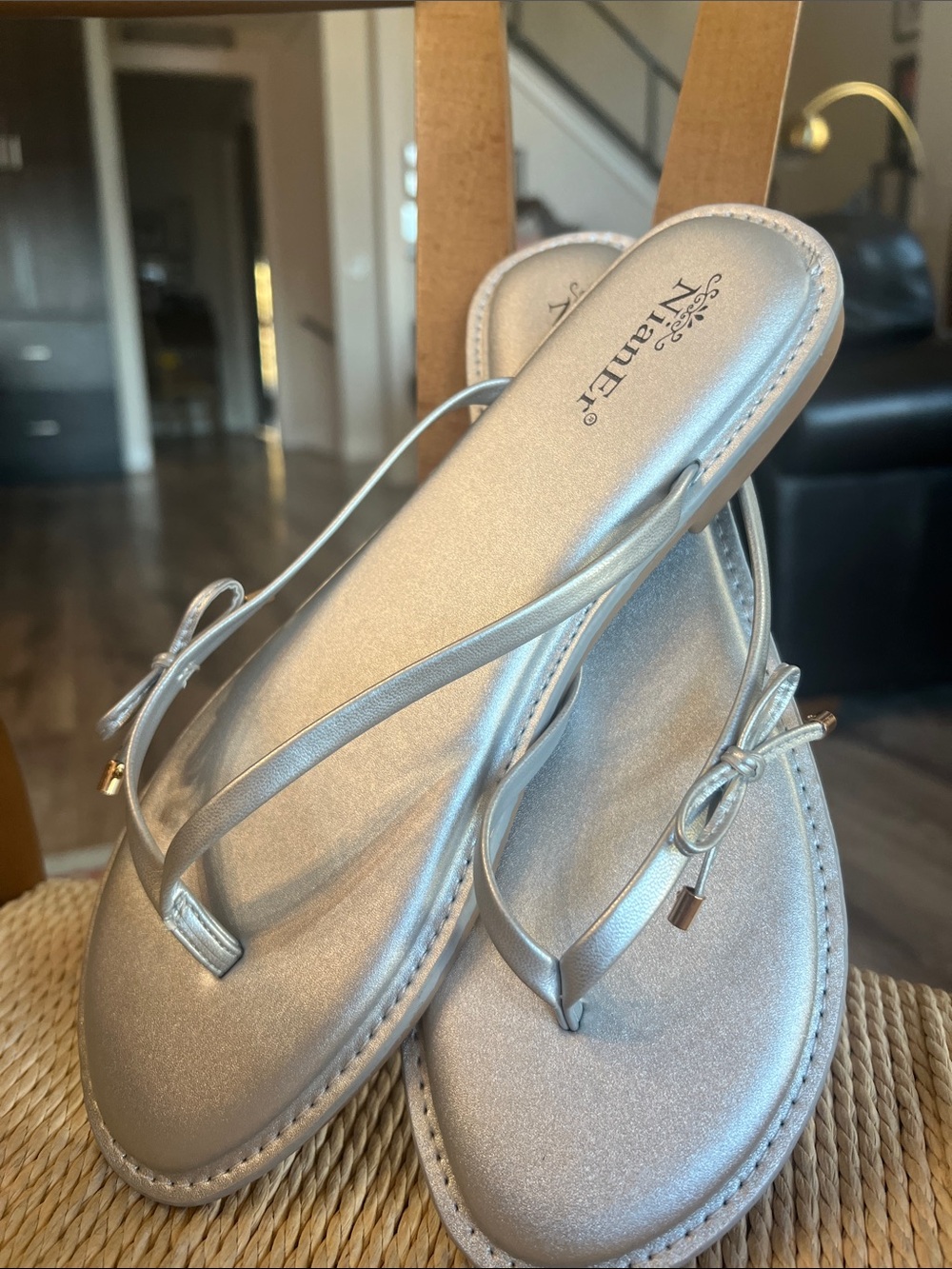Nannette Silver Metallic Bow Thong Sandals